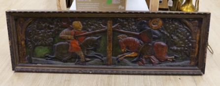 A 17th century style resin panel in frame, 35x111cm total