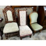 A Victorian walnut prie-dieu nursing chair, an oak barley twist single chair and one other chair