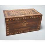 A Tunbridge ware rosewood and half square mosaic tea caddy, c.1830, 21cm wide