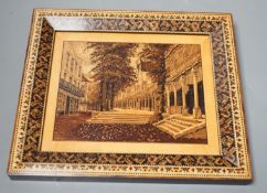 A Tunbridge ware tesserae mosaic picture of the Pantiles, in a mosaic frame, 20 x 23cm