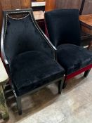 Two upholstered ebonised side chairs, larger height 94cm