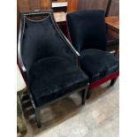 Two upholstered ebonised side chairs, larger height 94cm