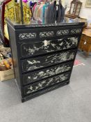 A Japanese black lacquer and mother of pearl inlaid kimono chest, width 104cm, depth 52cm, height