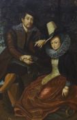 A modern oil on canvas depicting an Elizabethan couple, 90 x 60cm
