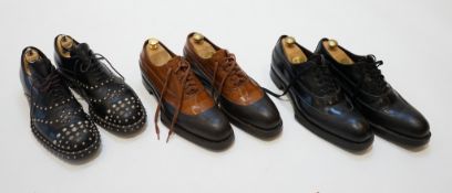 Three pairs of gentleman's Prada shoes; two-tone leather shoes, size 8.5Black leather platform