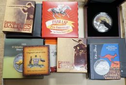 Nine Australia mint 1oz proof silver commemorative coins and a similar 2oz proof silver coin
