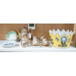 A Japanese Kutani coffee set, a Chinese Monteith and a blue and white dish (3)