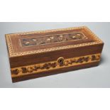 A Tunbridge ware rosewood mosaic glove box, with stickware escutcheon 26.5cm wide