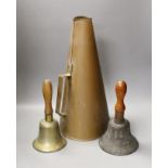 Two World War Two hand-bells, 26cm, and a brass wartime loud-haler