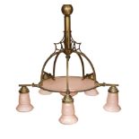 A 1920s-30s German bronze and frosted peach glass five light chandelier of stylish design with
