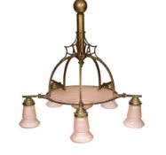 A 1920s-30s German bronze and frosted peach glass five light chandelier of stylish design with