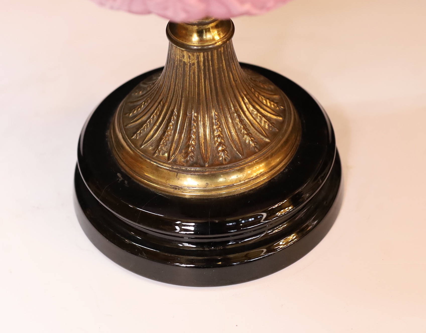 A late Victorian brass and pink opaque glass oil lamp with tinted frosted shade, height overall - Image 4 of 4
