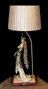 A 1980s Italian Giuseppe Armani lamp base, modelled with a resin lady holding a peacock, height