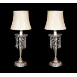 A pair of old Sheffield plate table lamps with moulded and cut glass lustre drops, height 44cm***