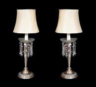 A pair of old Sheffield plate table lamps with moulded and cut glass lustre drops, height 44cm***