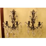 A pair of late 19th century French bronze metal and cut glass twin branch and wall lights, height to