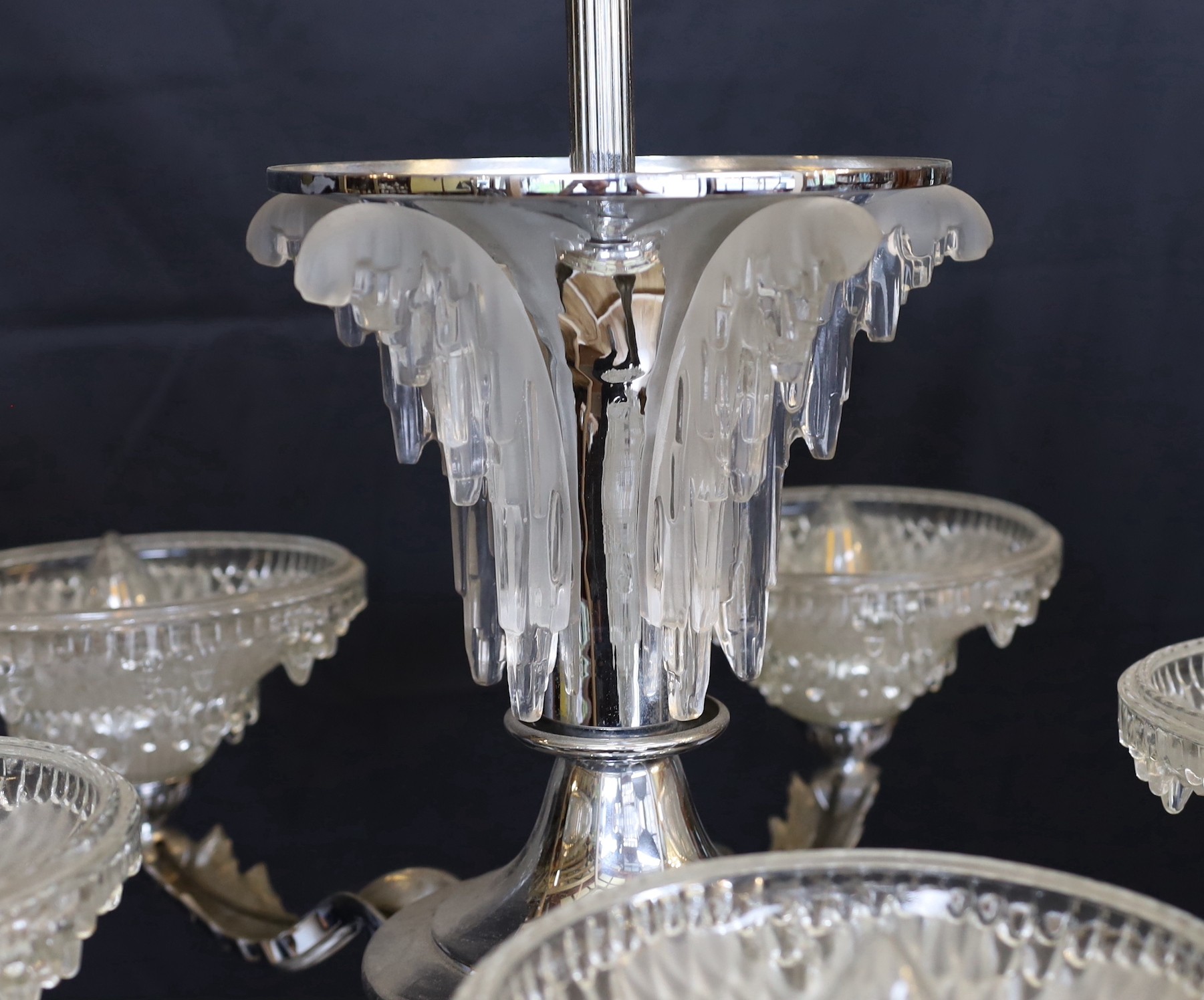 A French Art Deco chrome plated and glass five light chandelier, with scrolling branches and ' - Image 4 of 4