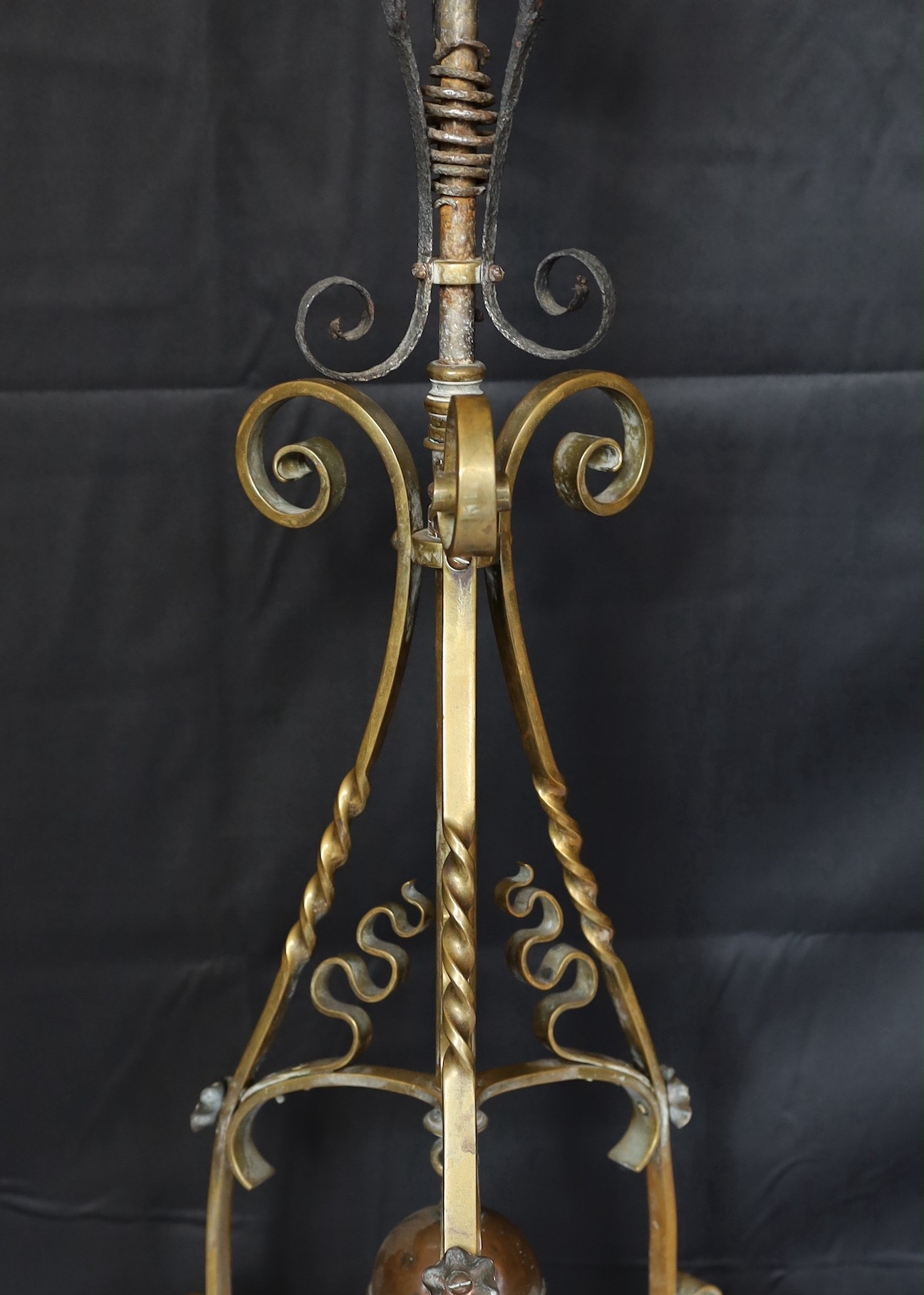 A late Victorian Arts and Crafts wrought iron and brass miniature oil lamp standard, in the manner - Image 5 of 5