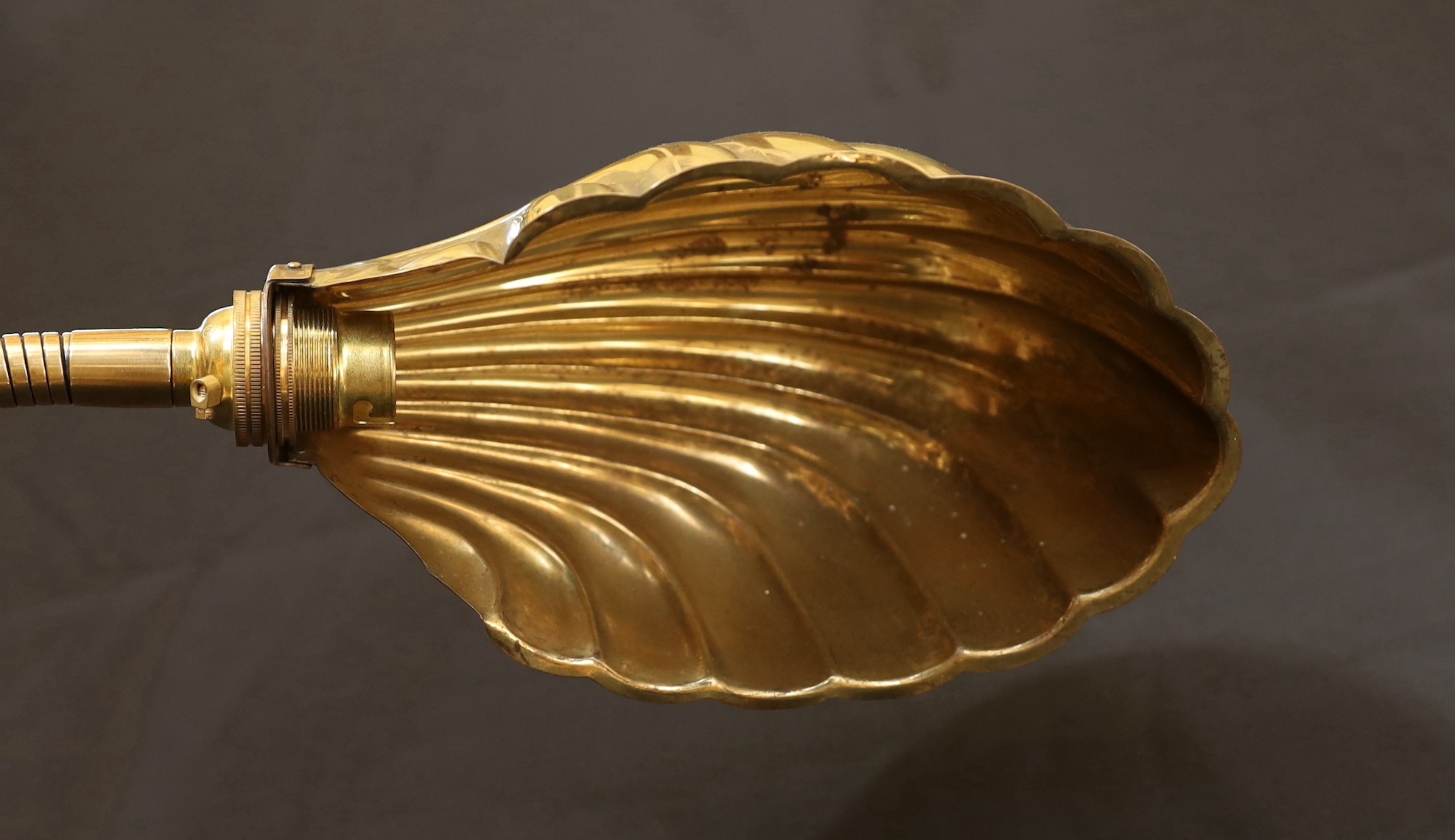 A 1930s English brass adjustable desk lamp, with flexible stem and scalloped shaped shade, height - Image 4 of 4