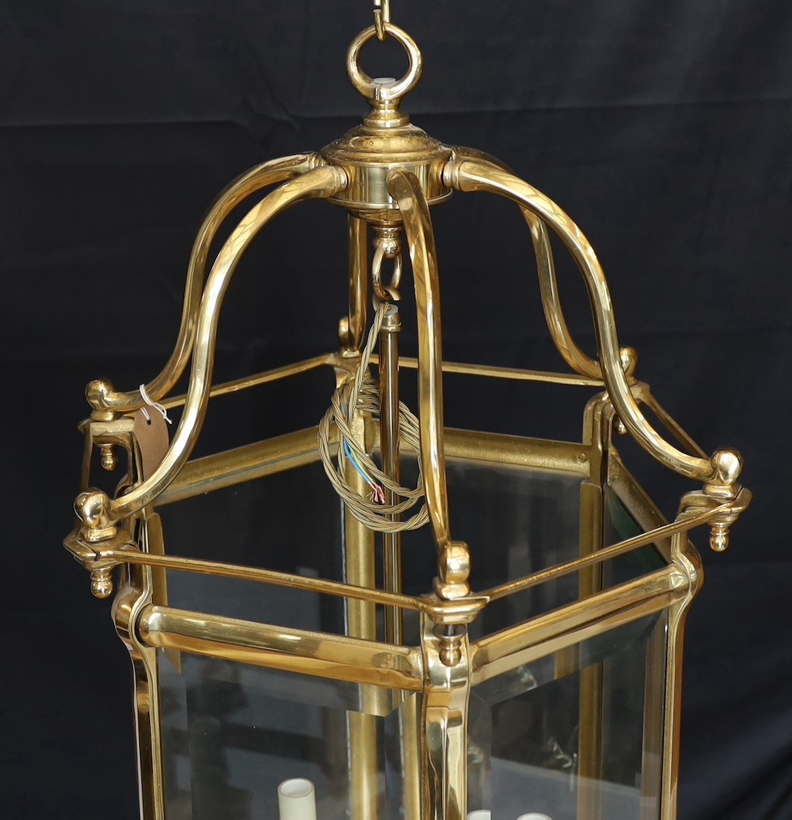 A large Georgian style hexagonal brass hall lantern with bevelled glass plates, height 79cm. width - Image 2 of 5