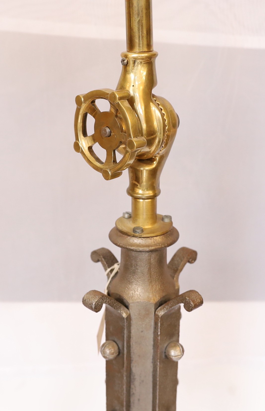 A pair of industrial style brass and wrought iron adjustable lamp standards, height 194cm. width - Image 5 of 6
