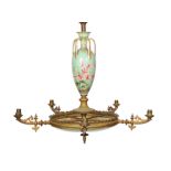A Victorian ormolu mounted Doulton faience gasolier decorated with orchids on a bleu celeste ground,