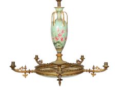 A Victorian ormolu mounted Doulton faience gasolier decorated with orchids on a bleu celeste ground,