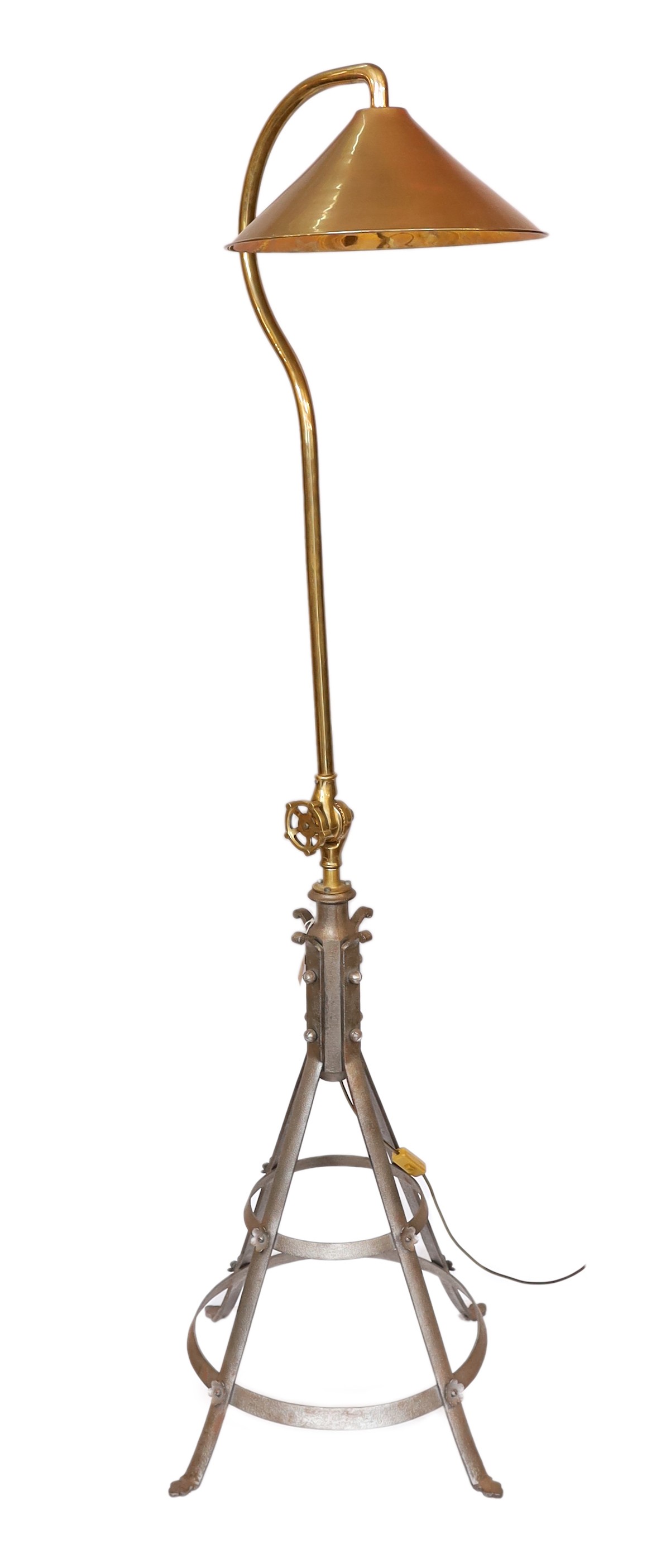A pair of industrial style brass and wrought iron adjustable lamp standards, height 194cm. width - Image 2 of 6