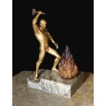 A 1930s Austrian bronzed spelter and marble lamp base modelled as Vulcan, stamped Bergman to the