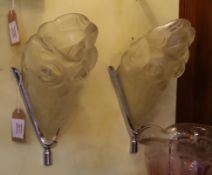 A pair of 1930s French Degue frosted and moulded glass uplighter wall lights with nickel plated back