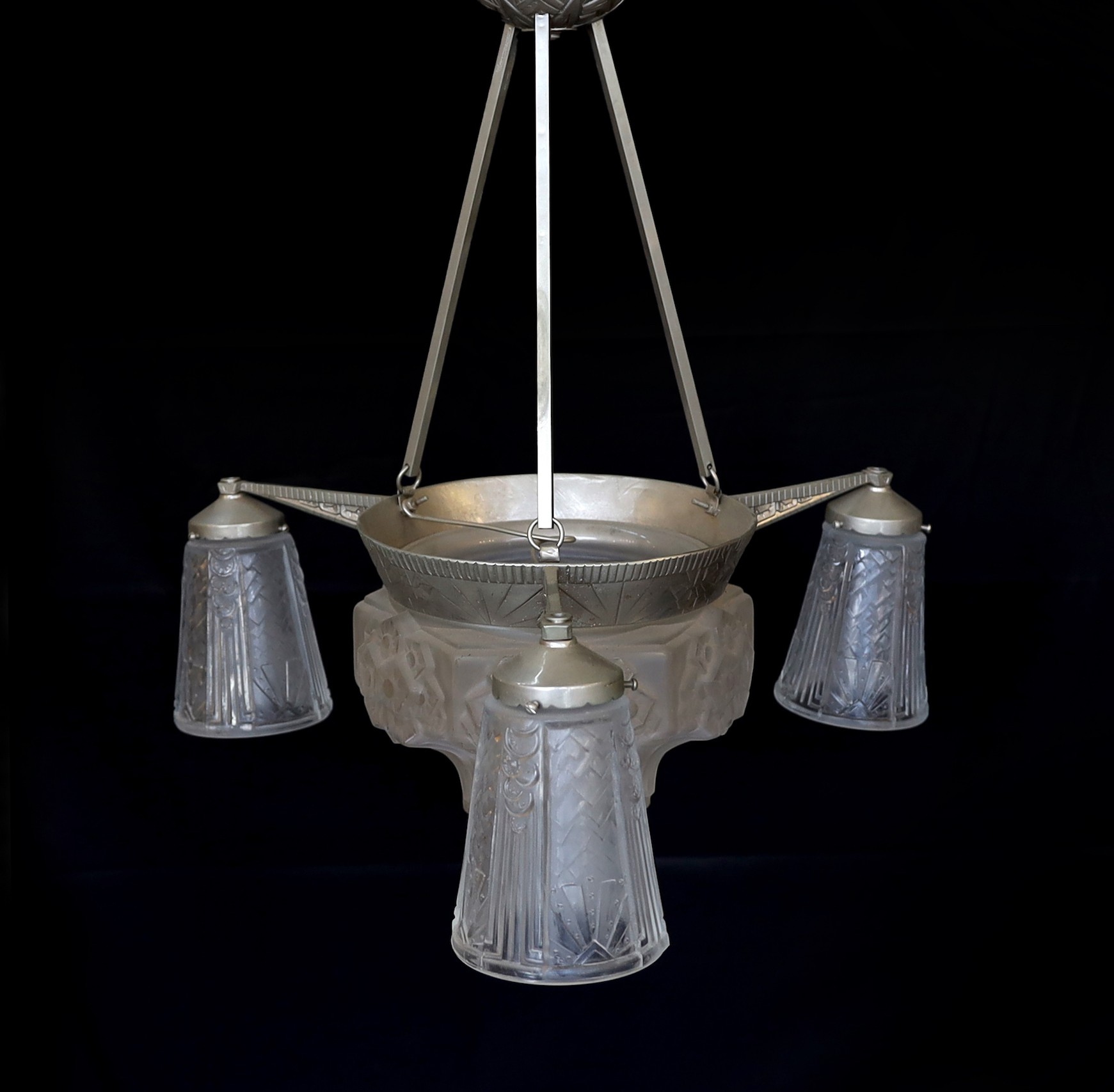 A French Art Deco silvered metal and frosted glass light fitting signed Muller, height 60cm. width