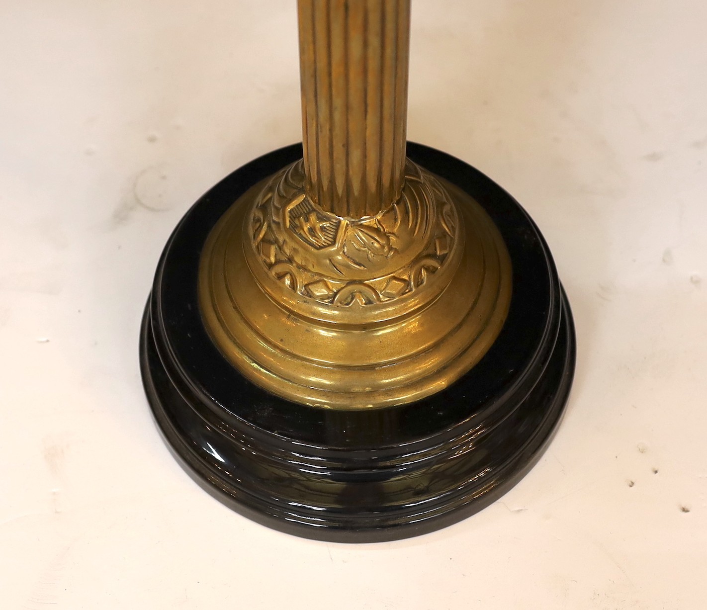 A late Victorian brass oil lamp with cut glass reservoir, duplex mechanism, etched glass globe and - Image 5 of 5