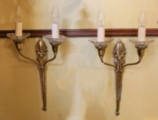 A pair of 1930s French silver brass and glass twin branch wall lights, height 41cm to top of bulb