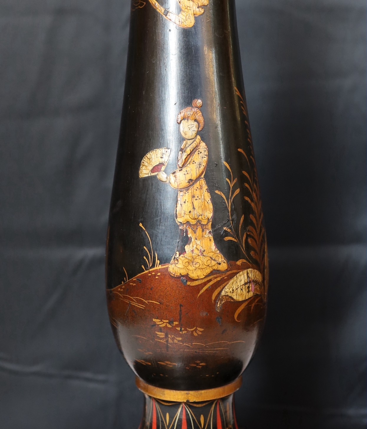 A 1920s English chinoiserie lacquered lamp standard, decorated with gilt figures in boats and - Image 3 of 4