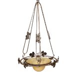 A 1920's-30's French polished wrought iron and marbled glass light fitting decorated with foliate