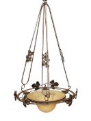 A 1920's-30's French polished wrought iron and marbled glass light fitting decorated with foliate