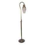 An Art Deco bronze telescopic lamp standard with frosted crackle glass shade, height 167cm