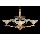 A Boris Lacroix Art Deco copper and frosted glass light fitting, height 84cm. width 82cm