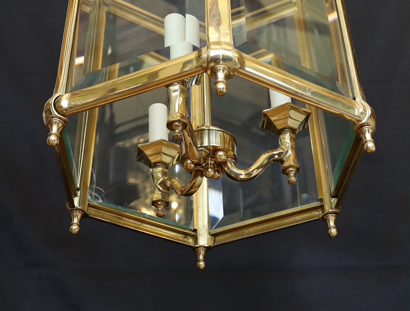 A large Georgian style hexagonal brass hall lantern with bevelled glass plates, height 79cm. width - Image 3 of 5