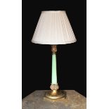 An early 20th century English ormolu mounted green opaque glass table lamp, height 46 cm***CONDITION