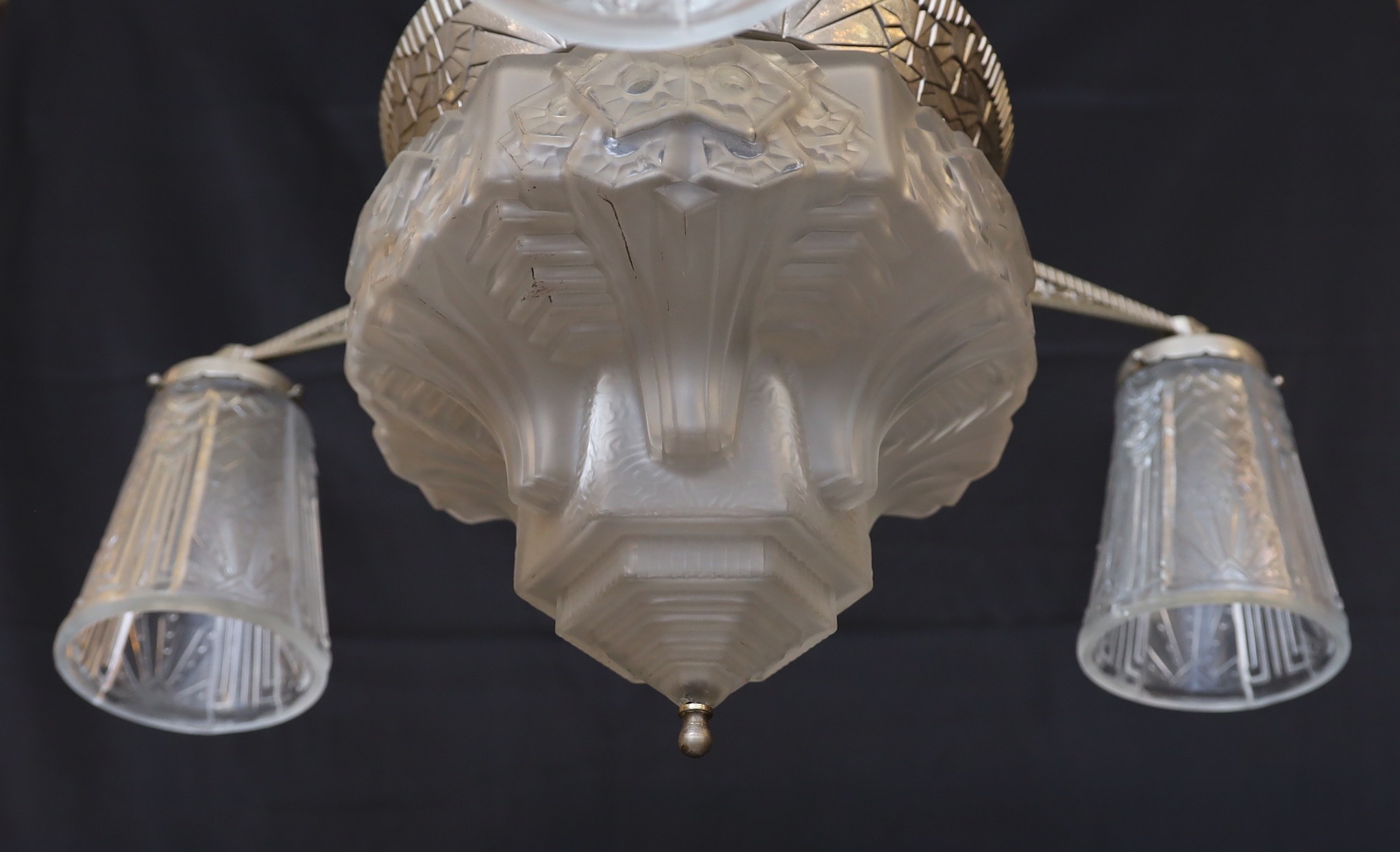 A French Art Deco silvered metal and frosted glass light fitting signed Muller, height 60cm. width - Image 3 of 4