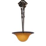 A 1920s–30s French wrought iron and marbled glass light fitting with rose motifs, drop 70cm. width