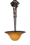 A 1920s–30s French wrought iron and marbled glass light fitting with rose motifs, drop 70cm. width
