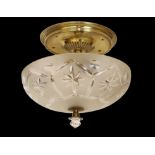 A 1950s French brass cut and etched glass ceiling light, height 27cm. diameter 30cm