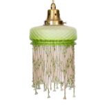 A 1920s French quilted glass light fitting with beaded fringe, height 30cm. width 15cm