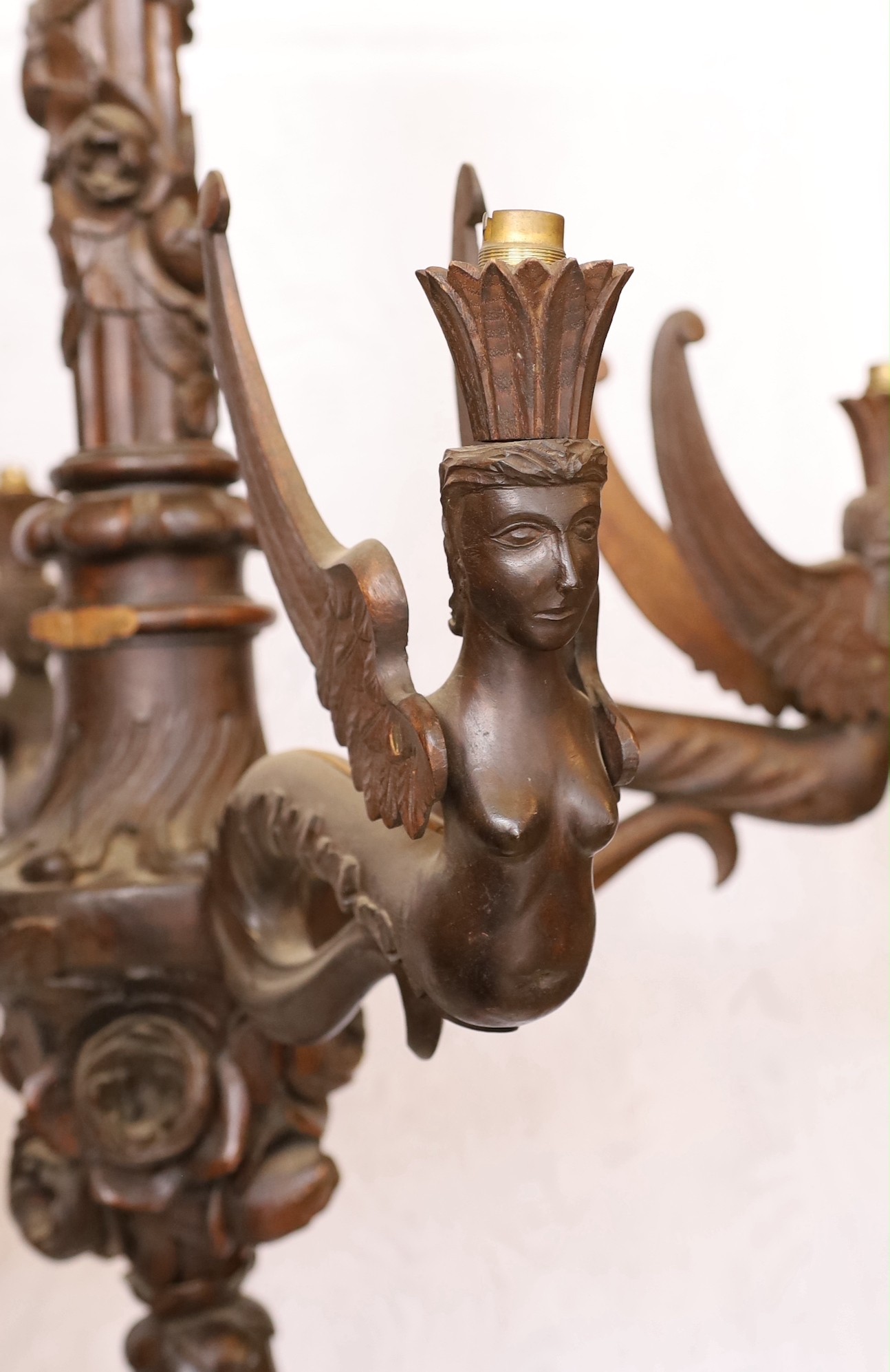 A Swiss Black Forest carved wood four light chandelier with caryatid branches and rose entwined - Image 3 of 5
