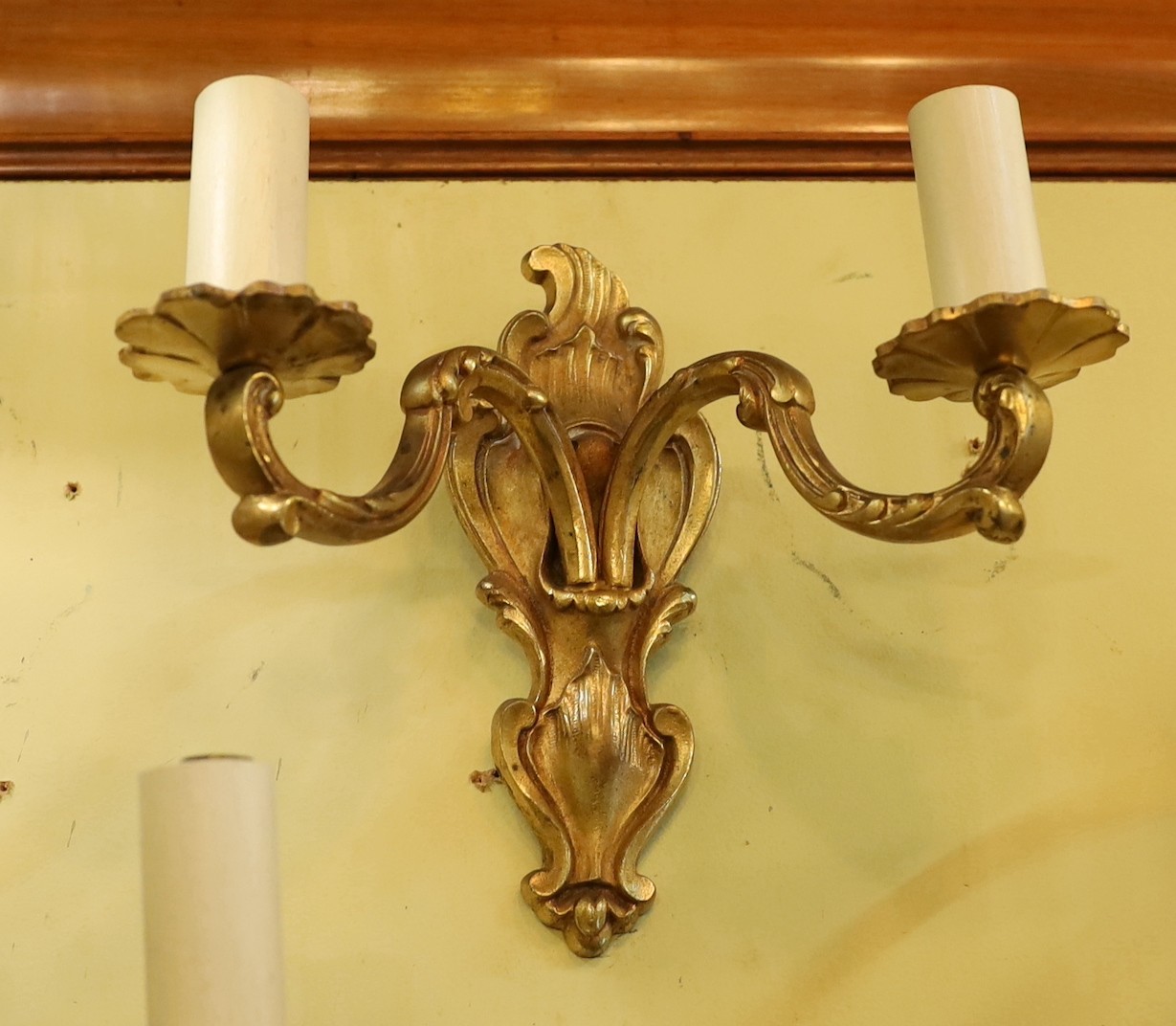 A pair of late 19th century French ormolu twin branch wall lights, height 21cm - Image 3 of 3
