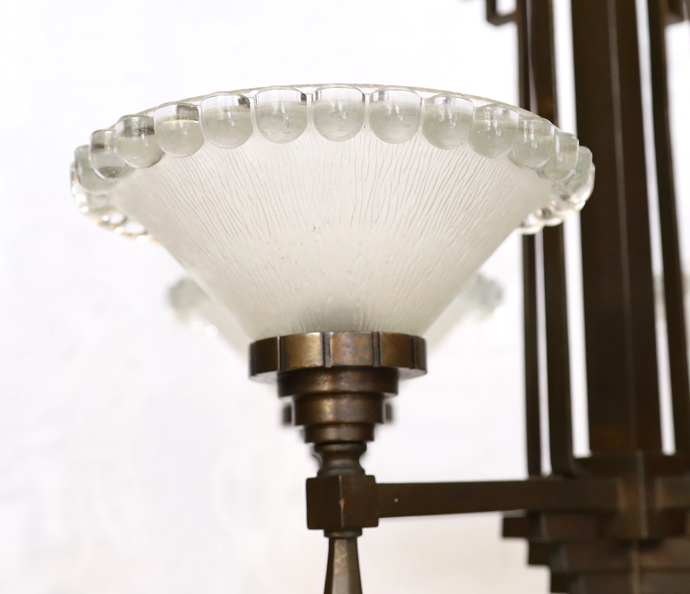 An Art Deco bronze and glass light fitting with four beaded frosted shades. height 81cm. width - Image 2 of 5