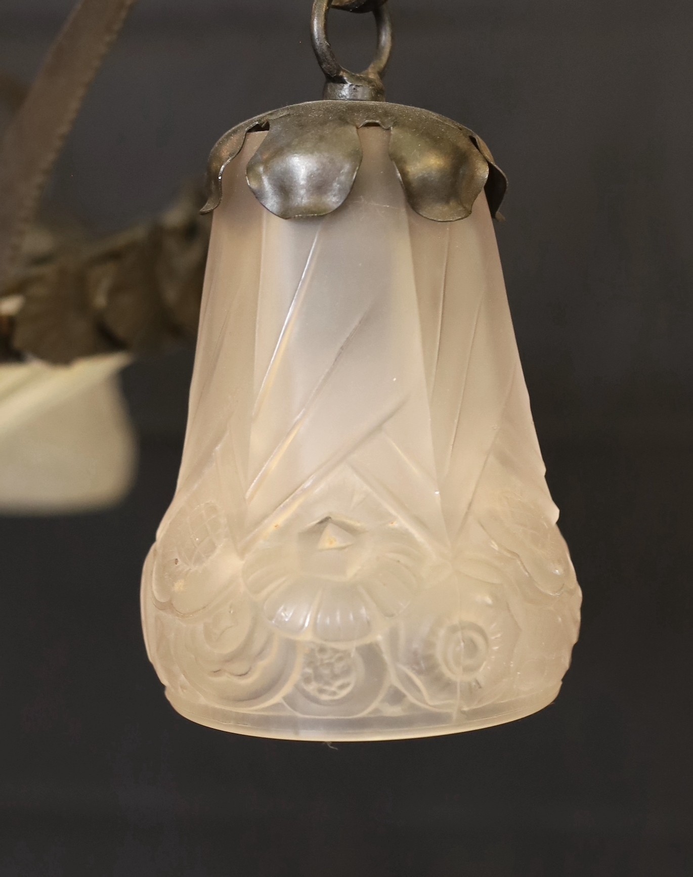 A 1930s French wrought iron and frosted glass light fitting, in the manner of Edgar Brandt with - Image 2 of 2