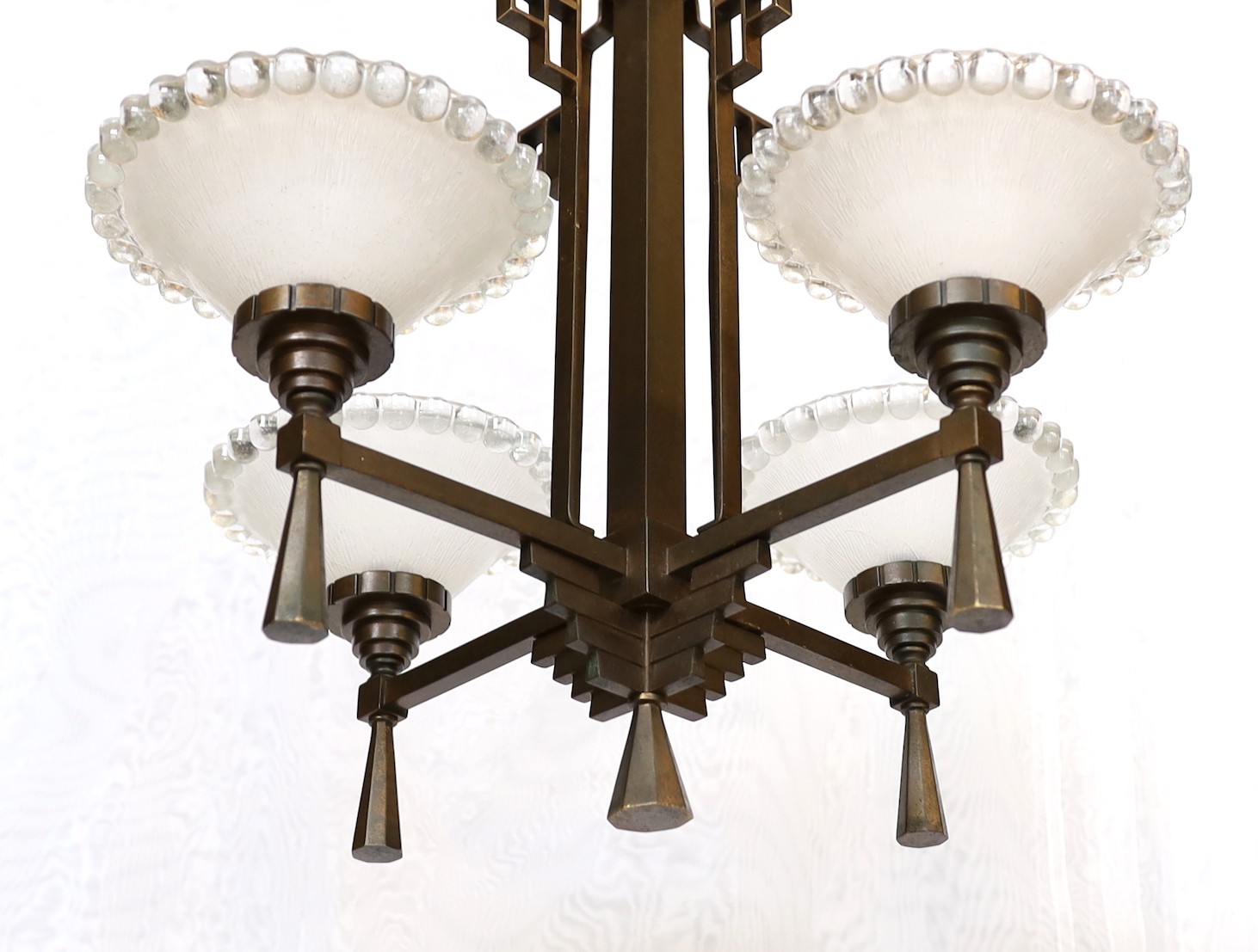 An Art Deco bronze and glass light fitting with four beaded frosted shades. height 81cm. width - Image 3 of 5